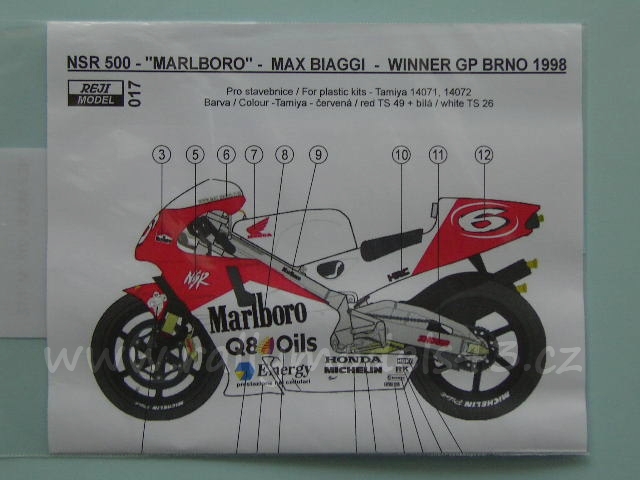 Decal 1/12 Reji model - Honda  NSR 500 "Marlboro" Max Biaggi – GP Czech 1998